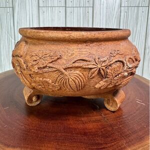 Vintage FTDA Planter Bowl Faux Wood Floral Embossed Footed Made in USA Brown